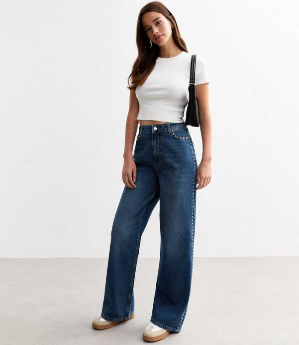 Blue Studded Wide Leg Jeans