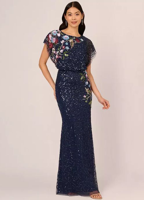 Adrianna Papell Beaded Mermaid Maxi Dress, Midnight/Multi
